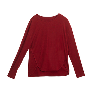 忘城A491座/快乐出发/24春季新款蚕丝棉枣红色圆领落肩长袖T恤女