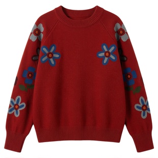 波尔多红色花朵刺绣圆领毛衣女冬季新款宽松慵懒风内搭针织衫上衣