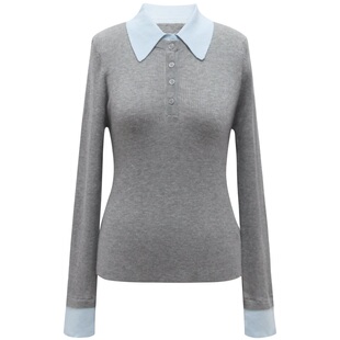 朵以2025冬季新款休闲气质半门襟撞色Polo领针织衫修身假两件毛衣