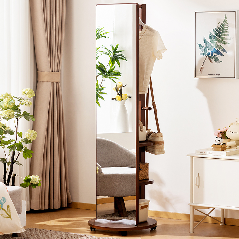 实木全身镜穿衣镜落地镜子家用带挂衣架一体移动试衣镜卧室可旋转
