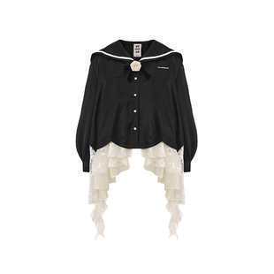 WEancheAM/未未姆 miu系花边海军领衬衫女春重工蕾丝多层拼接上衣