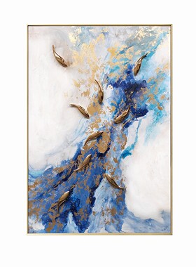 手绘玄关走廊装饰画简约轻奢入户门背景墙挂画九鱼图金箔立体油画
