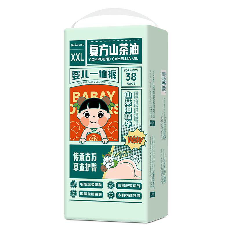 蓓秀民国风山茶油拉拉裤宝宝纸尿裤四包