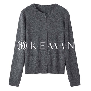 KEMAN珂曼女装 秋冬新款圆领单排扣长袖针织羊毛绒衫内搭打底显瘦