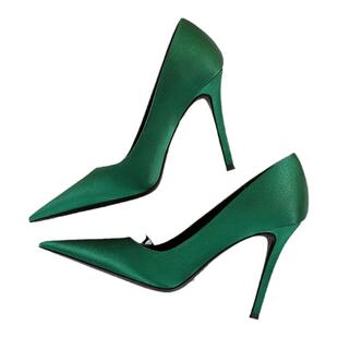 绸缎简约超高跟鞋女细跟浅口尖头百搭性感宴会绿色大码职业OL单鞋