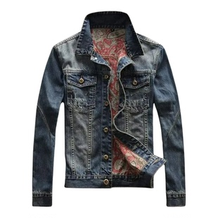 美式复古印花牛仔夹克男修身潮流百搭翻领外套上衣 bomber jacket