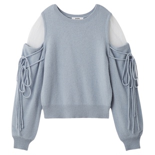 SNIDEL2025秋冬新品圆领薄纱拼接袖露肩系带针织衫毛衣SWNT255016