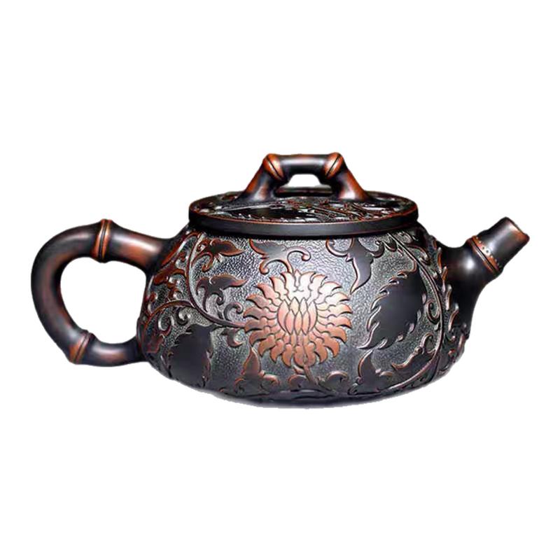竹节石瓢壶钦州坭兴陶紫泥家用茶具全手工浮雕精品中式茶壶非紫砂