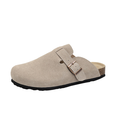 SS7L小疯叔4CM内增高真皮软底勃肯鞋牛皮厚底拖鞋女博肯包头半拖