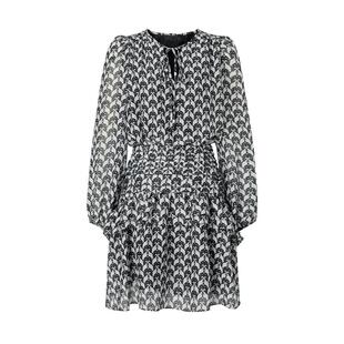 商场同款 摩萨克春新品X型法式浪漫黑天鹅图案抽褶连衣裙女