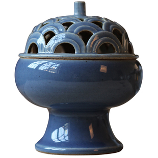 景德镇手工雕刻海浪纹霁蓝香薰炉家用盘香香炉创意陶瓷香炉摆件