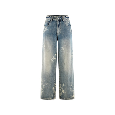 A21女装复古高腰阔腿直筒牛仔长裤