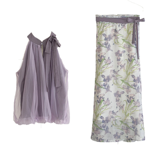 新中式碎花|立夏鸢尾 仙气紫色国风短袖削肩上衣＋一片式裙套装女