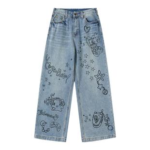 BETWEENANDx鸟鸟一 夏季未来感复古蓝宽松涂鸦满印牛仔裤长裤女