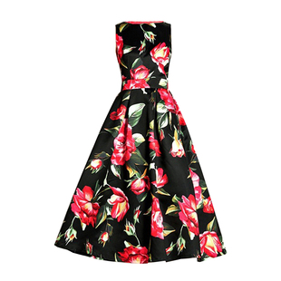 欧洲站明星款气质名媛走秀礼服彩色长裙法式英伦风大花无袖连衣裙