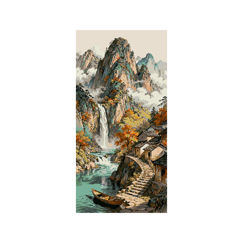 diy数字油画手绘填色填充中国风山水小溪竖版玄关大尺寸装饰油画