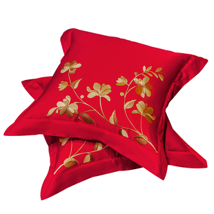 全棉大红色婚庆靠垫结婚刺绣宽边卧室床头大靠枕靠垫套60x60一对