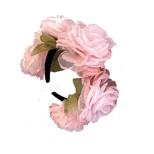 森系头饰粉色花朵发箍女甜美发饰大朵茶花绢纱发卡女带齿防滑头箍