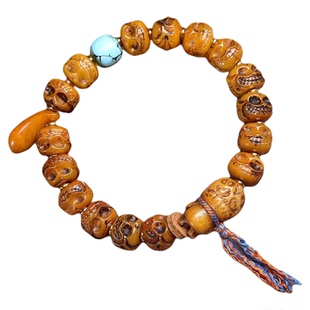 藏传回流牦牛骨雕刻阿呆手串单圈藏式文玩佛珠松狮桶珠雪巴配饰