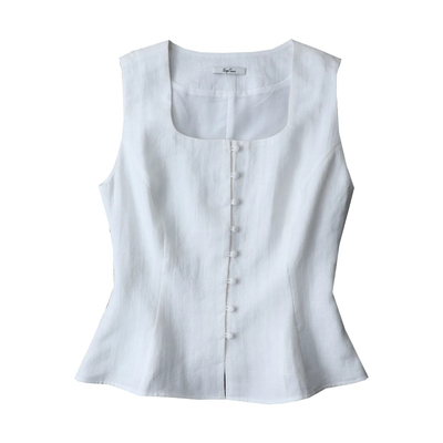 TANG TOWN 自制 时髦穿搭神器 法式方领白色苎麻无袖马夹收腰背心