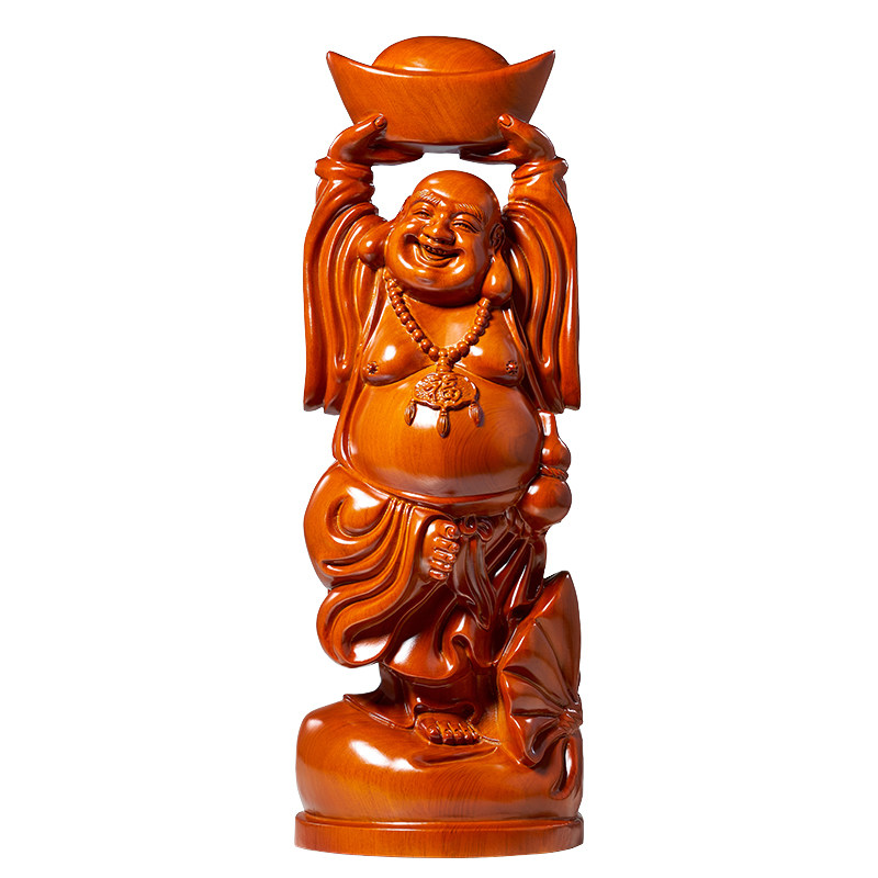 红色木雕弥勒佛招财供奉摆件木头佛像木质笑佛客厅装饰品布局专用