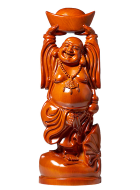 红色木雕弥勒佛招财供奉摆件木头佛像木质笑佛客厅装饰品布局专用