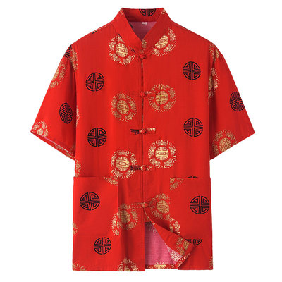 中老年男短袖棉绸套装夏季衣服