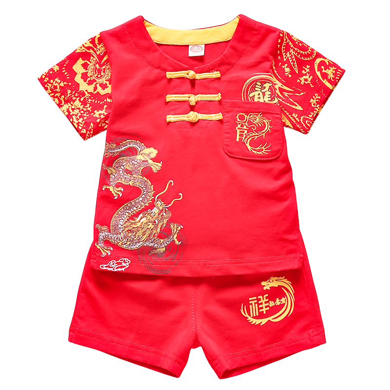 儿童夏装套装男童唐装汉服中国风宝宝周岁抓周礼服民族风夏天短袖