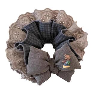 韩系复古灰色格子蝴蝶结蕾丝大肠发圈女超大丸子头低马尾头绳头饰