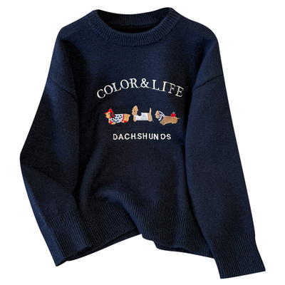 藏蓝色毛针织圆领套头内搭打底衫