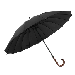 16骨自动直杆商务实木弯柄直杆伞加固加厚抗风暴黑色雨伞定制logo
