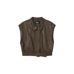 Jamor时尚无袖拉链小外套马甲上衣2025秋冬季新款皮质感帅气棕色