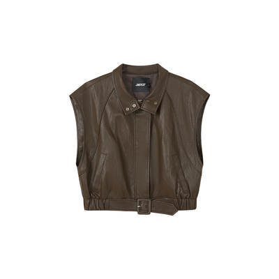 Jamor时尚无袖拉链小外套马甲上衣2025秋冬季新款皮质感帅气棕色