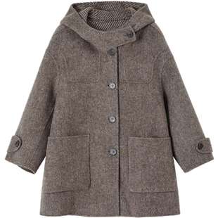 德玛纳绵羊毛连帽双面呢大衣女25冬季新款气质中长款斜纹毛呢外套