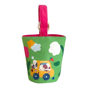 可爱卡通撞色水桶包手提便当包上班饭盒袋便携妈咪包手拎帆布包女