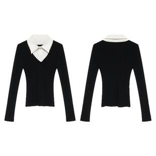 贰羊设计【衿淑】假两件polo领正肩针织衫女衬衫领套头修身打底衫