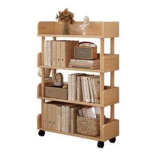 书架一体靠墙可移动实木简易书柜置物架儿童不占空间收纳多层带轮