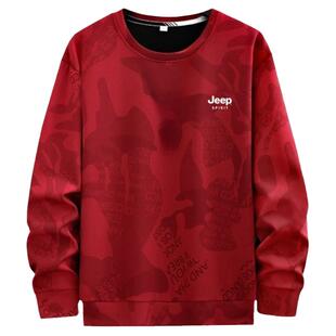 吉普JEEP春秋款卫衣男大码宽松迷彩打底衫冬季加绒本命年红色上衣