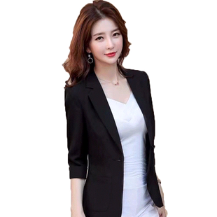 亚麻薄款黑色小西装外套女七分袖春夏2023新款小个子短款西服上衣