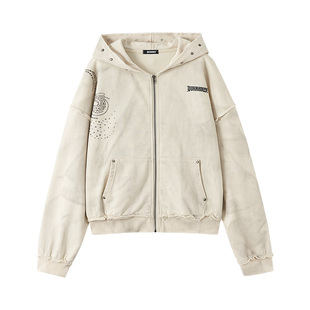 YUKAHOUSE 脏洗做旧拉链卫衣连帽衫上衣米色宽松休闲女春秋季新款