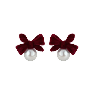 黑色丝绒蝴蝶结珍珠耳钉女2026新款爆款耳环高级感耳夹纯银针耳饰