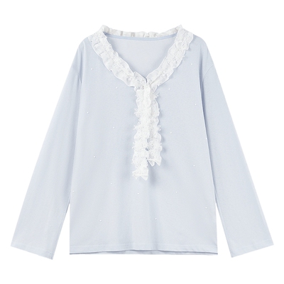 MISSCOCOON可可尼蓝色V领拼接T恤