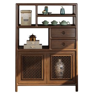 新中式博古架乌金木实木展示柜多宝阁置物架矮柜茶室边柜茶叶茶柜