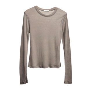 现货TALK TALK韩国东大门女春秋季圆领长袖底边开叉天丝打底衫T恤