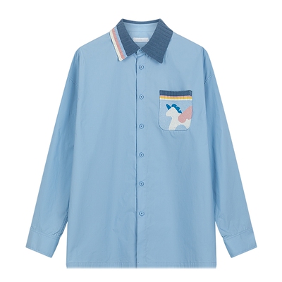 bosie翻领宽松撞色领口长袖衬衫