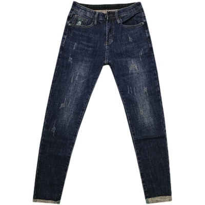 深蓝刺绣加绒加厚秋冬牛仔裤长裤