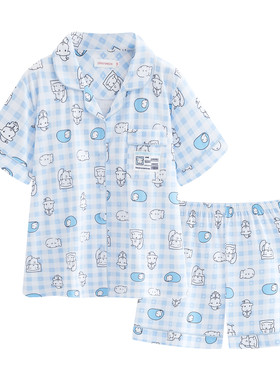 可爱ganadi睡衣女夏短袖短裤纯棉薄款套装卡通日系蓝色格子家居服