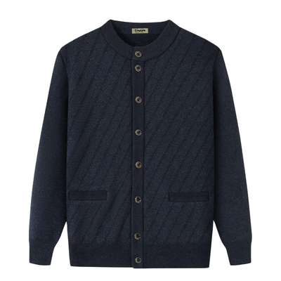 啄木鸟中老年羊毛衫男款冬季开衫70岁爷爷父亲圆领一体绒加厚毛衣