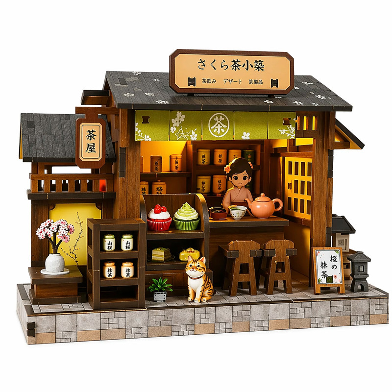 日式樱花茶屋diy手工木制建筑模型微缩场景拼装玩具创意礼物迷你