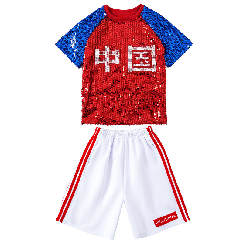 六一儿童啦啦队表演服幼儿园男女童小学生中国风亮片爵士舞演出服